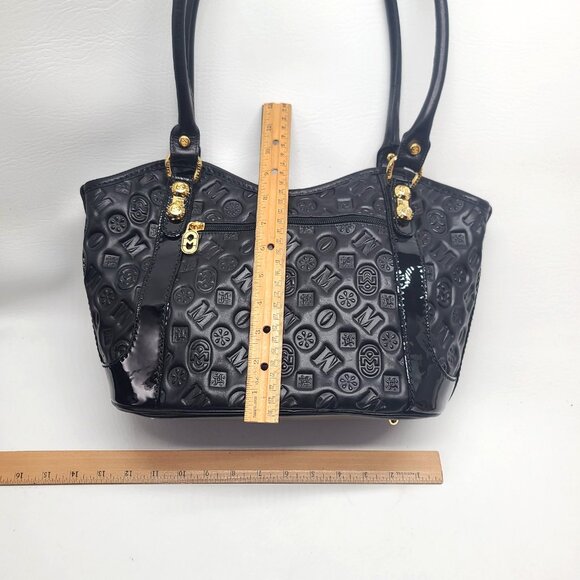 Marino Orlandi Black Embossed Leather Satchel Shoulder Bag Goldtone Zipper Italy - Picture 3 of 16